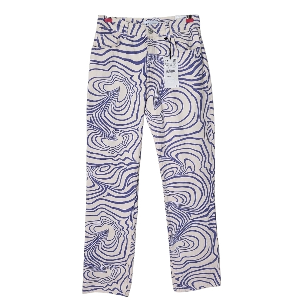 Zara Straight Leg Printed Jeans 4 28X32 Blue Tan Swirl Pattern High Rise New